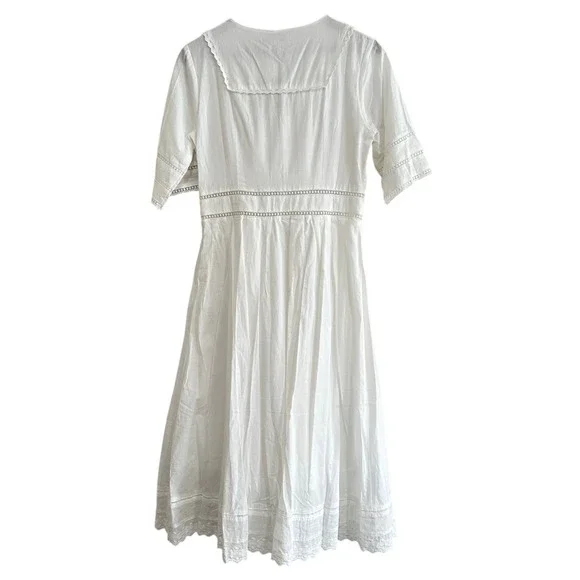 Simple Retro Fiona V Neck White Cotton Eyelet Lace Sailor Collar Midi Dress NWT - Picture 5 of 13